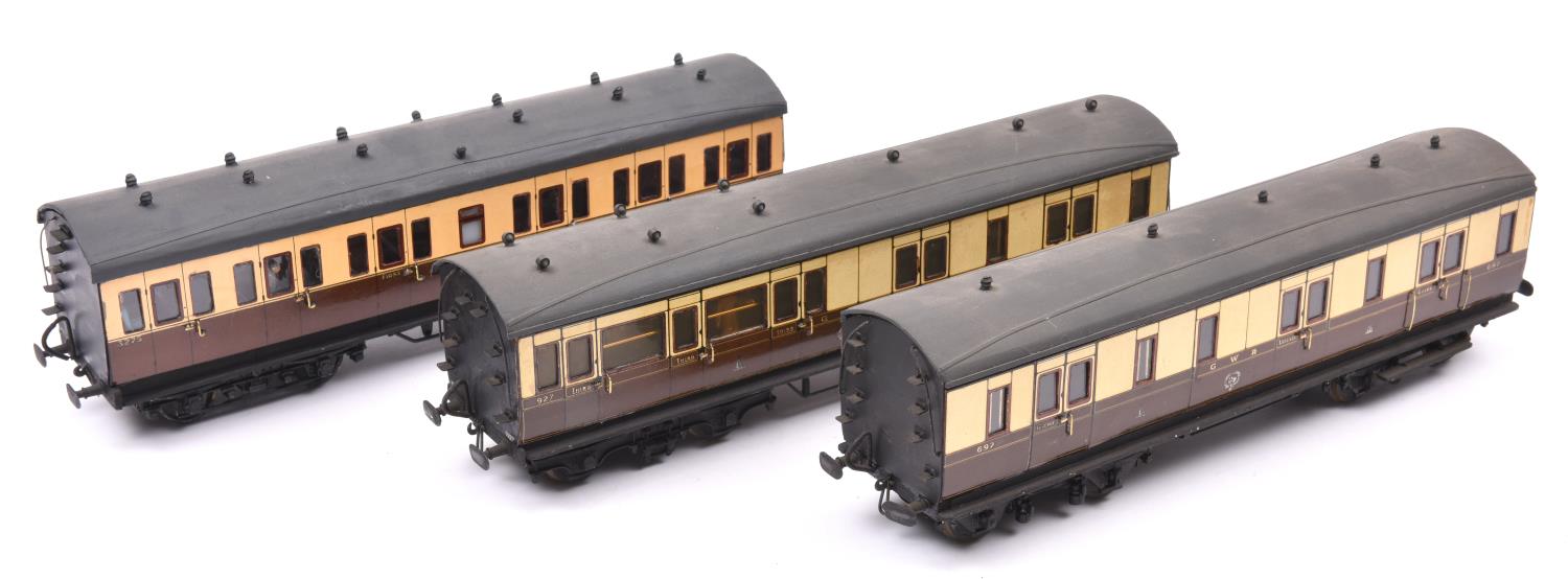 3x O gauge GWR compartment coaches marked LMC 1927 to ends. A Brake Third, Luggage van and Full