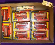 17 Dinky Toys London Routemaster Buses. (289). 16 in red L.T. livery 14 with ESSO Safety Grip