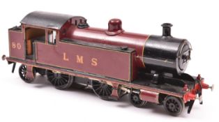 A coarse scale O gauge tinplate model of an LMS 4-4-2T locomotive, 80, in lined maroon livery.