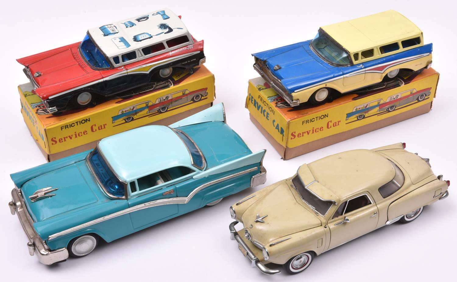 2 Japanese push along tinplate American Ford Fairlane Station Wagons. One in cream and mid blue with - Image 2 of 4
