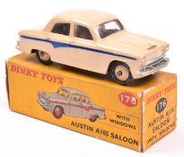 Dinky Toys Austin A105 Saloon (176). In cream with dark blue flash and cream wheels, black treaded