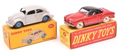 2 Dinky Toys Volkswagens. Volkswagen 'Beetle' (181) in light grey with mid blue wheels. Plus a