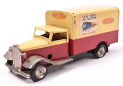 Tri-ang Minic Tinplate Clockwork Delivery Van 107M. An example in cream and maroon British