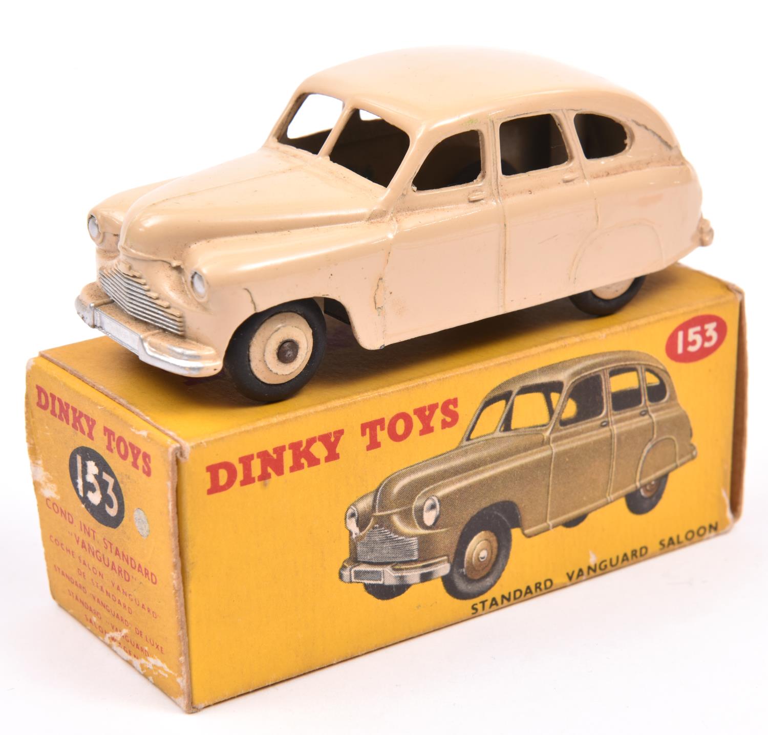 Dinky Toys Standard Vanguard Saloon(153). An example with covered rear wheel arches, in cream with