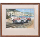 A framed and glazed water colour painting of Stirling Moss in his famous No.6 Mercedes-Benz W196