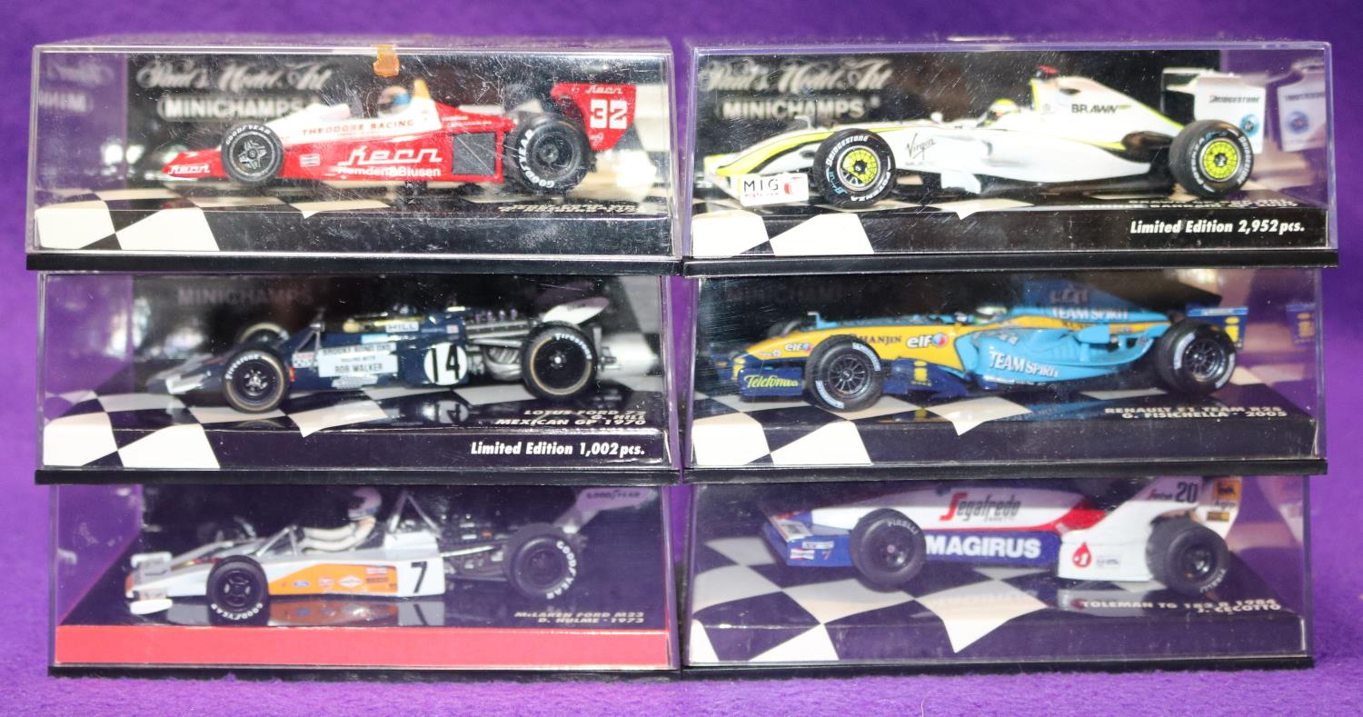 6 1:43 Minichamps Racing Cars. Lotus Ford 72 Mexican GP 1970 RN14 G. Hill. McLaren Ford M23 RN7 D.