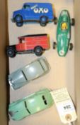 6 Dinky Toys. Chrysler Airflow 32, well repainted in light green with dark green wheels. Triumph 151