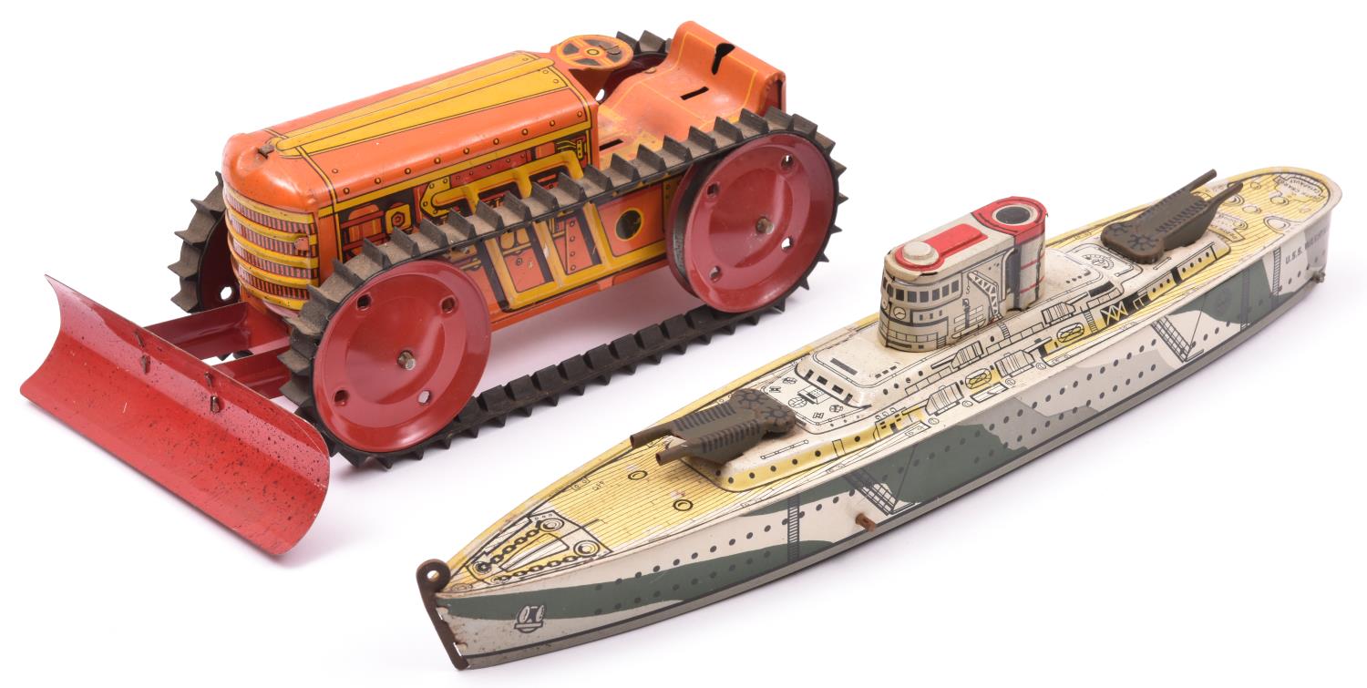 2 MARX Tinplate Toys. A Clockwork Bulldozer. A 4- wheeled rubber tracked example in orange and