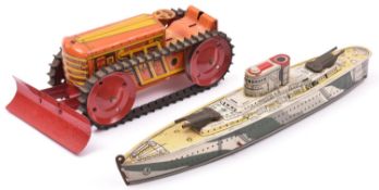 2 MARX Tinplate Toys. A Clockwork Bulldozer. A 4- wheeled rubber tracked example in orange and