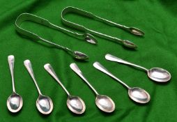 A set of 6x silver teaspoons and 2x silver sugar tongs. Teaspoons hallmarked Birmingham 1948, 'K