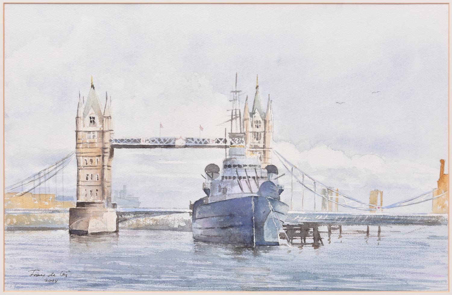 A watercolour painting of Tower Bridge and HMS Belfast by Frans de Leij. Signed and dated 2004 to - Image 2 of 2