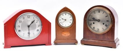 3x clocks. An Edwardian early 20th Century mantle timepiece with balance wheel escapement, with