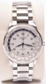 A Longines Master Collection World Timer Automatic watch with automatic self winding mechanism.