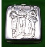 A silver cigarette case with relief decoration of three early 20thC soldiers to lid and gilt wash