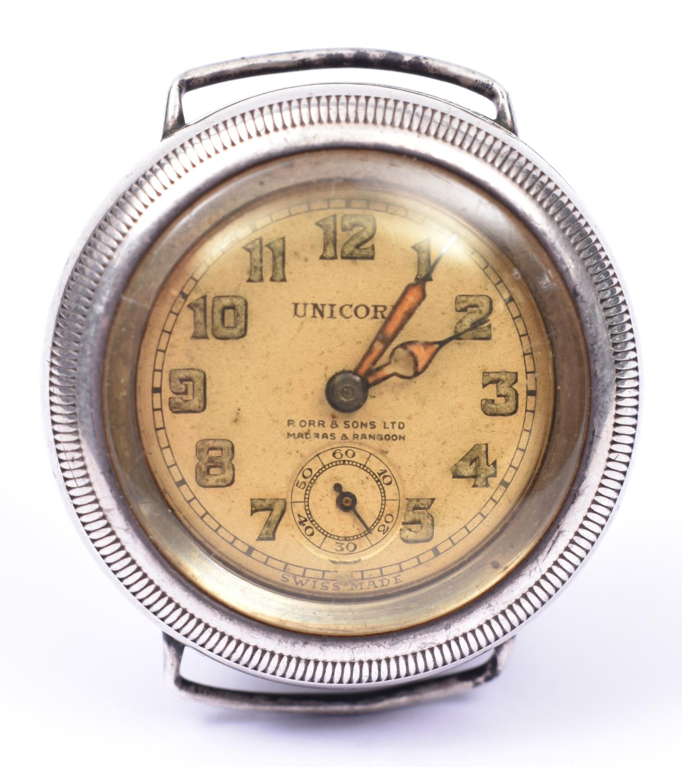 A Rolex Unicorn watch with manual wind movement and screw-off outer case. An early 20th Century