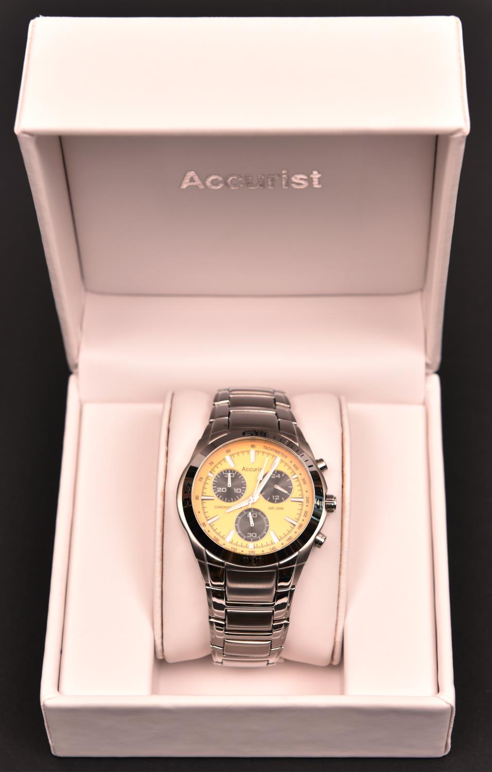 An Accurist MB882Y JS00 Chronograph watch with quartz movement. Metallic yellow face with three - Image 3 of 4
