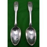 2x matching Georgian Scottish dessert spoons with scalloped decoration to handles and engraved crest