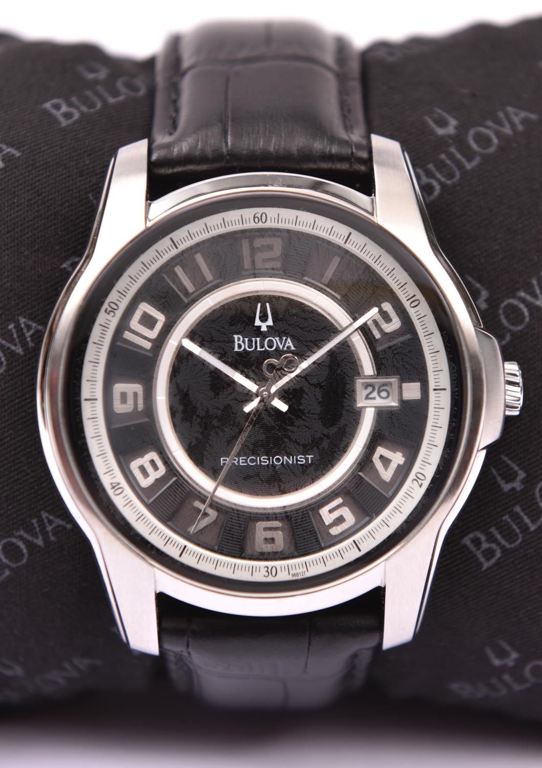 A Bulova B2 Precisionist quartz watch. Stainless steel case, metallic black face and silver Arabic