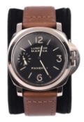 A Panerai Luminor Marina watch with stainless steel case simple black face and white arabic