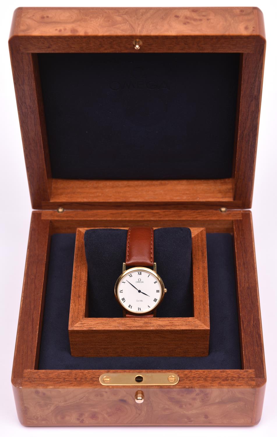 An Omega De Ville watch with quartz movement. Hallmarked 18 carat gold case, white face and black - Image 3 of 4