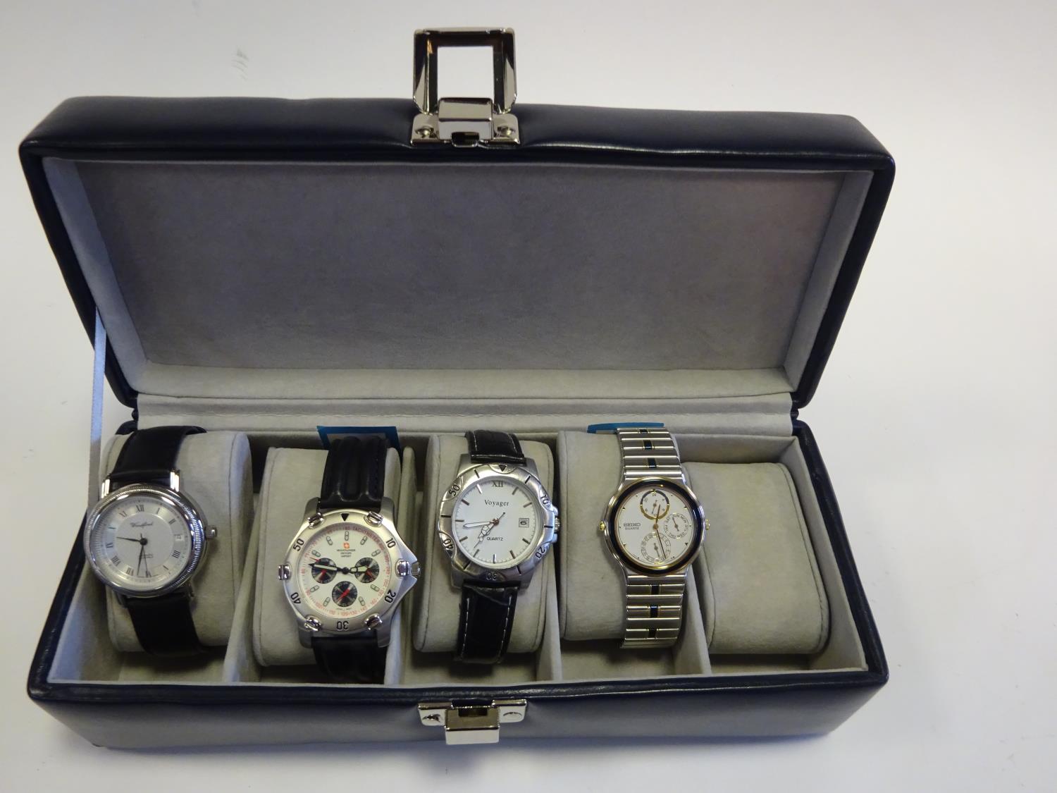 4x watches. A Woodford Automatic watch with date display. A Mountaineer Oxygen quartz chronograph