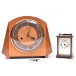 2x clocks. A French brass carriage clock/timepiece. Together with a Smith's mantle clock, striking