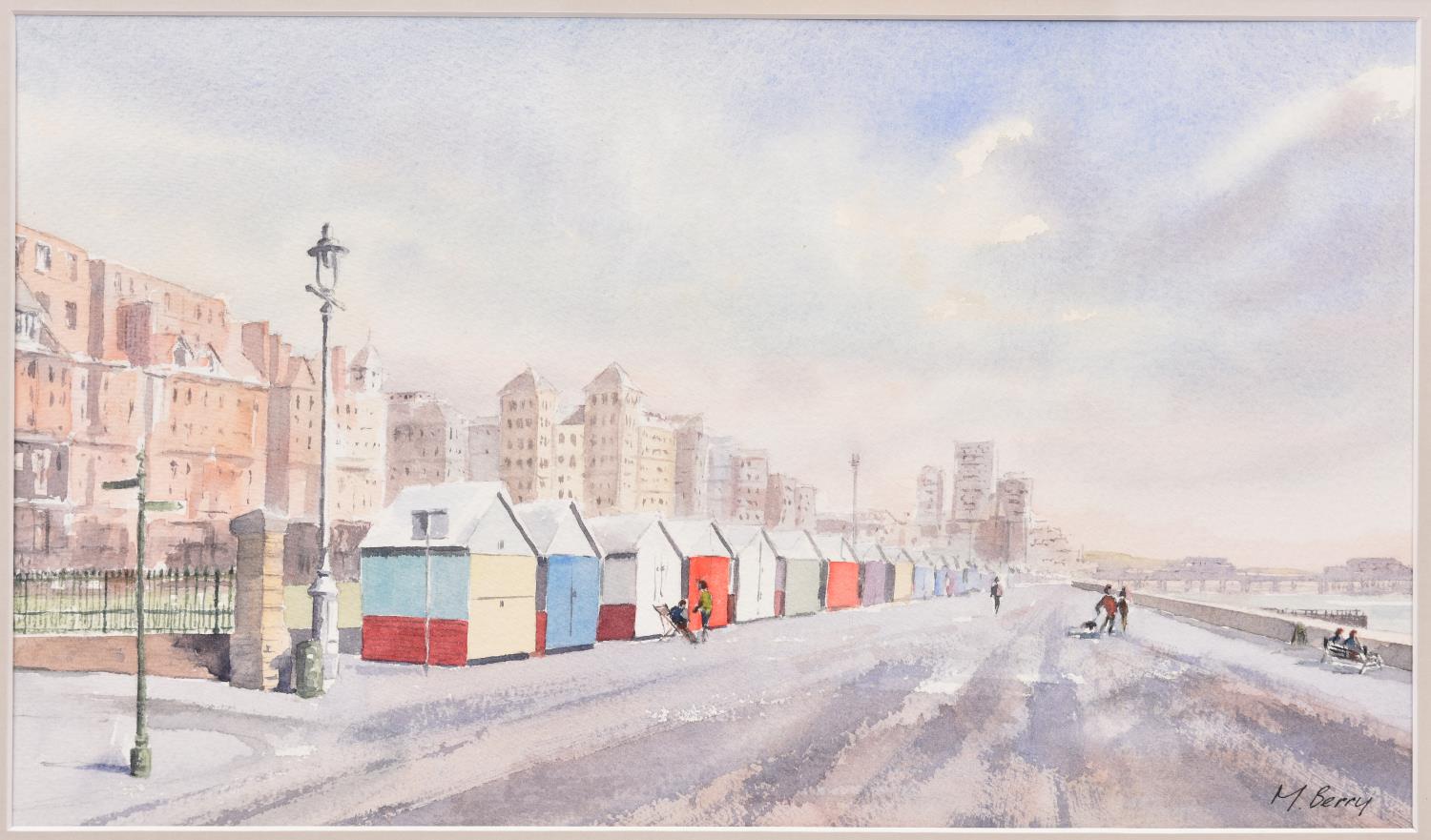 A watercolour painting of Brighton & Hove seafront by Michael Berry. Titled 'Hove Beach Huts', - Image 2 of 2