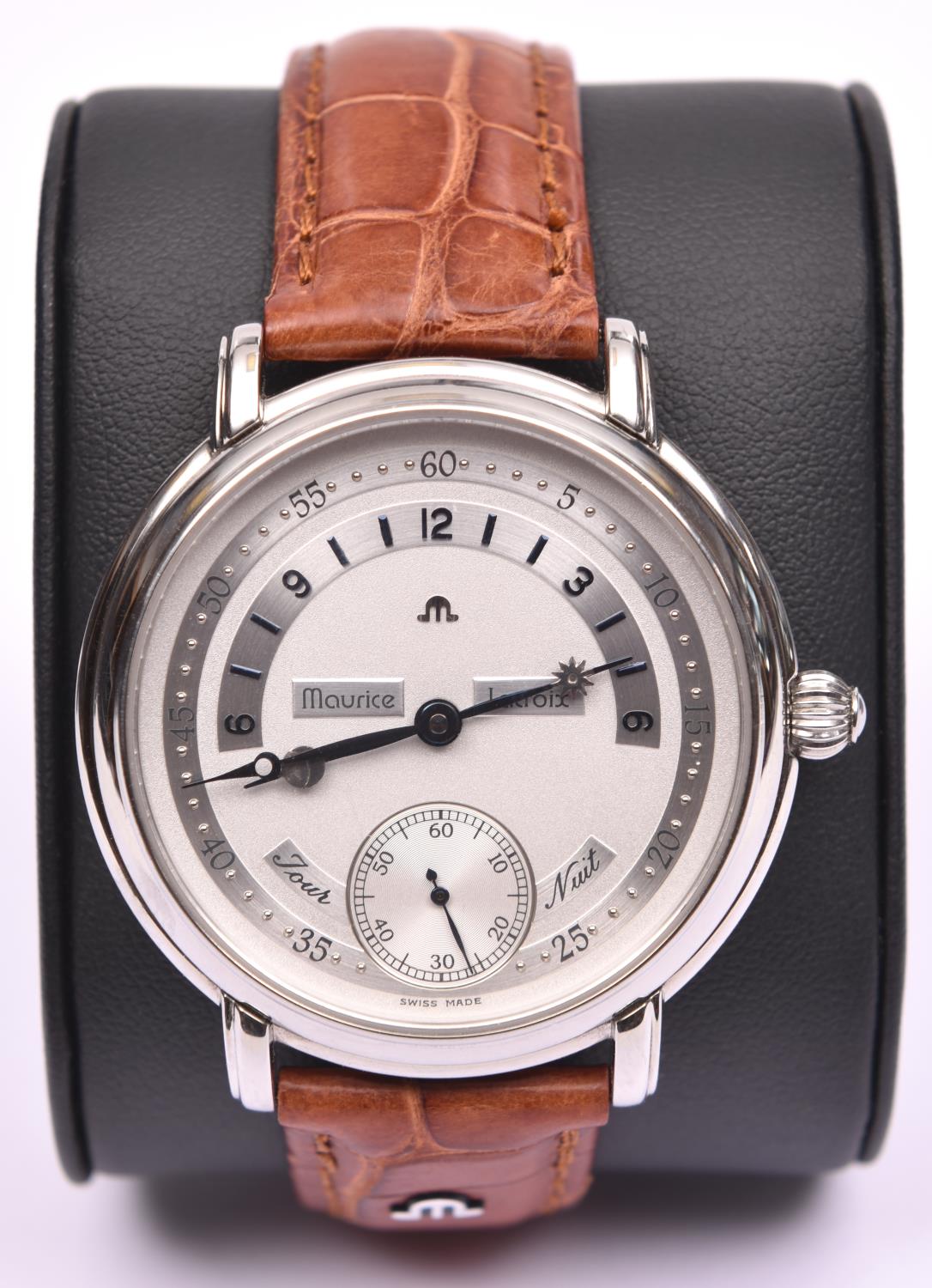 A Maurice Lacroix Masterpiece Jour Nuit watch with manual winding mechanism. With stainless steel