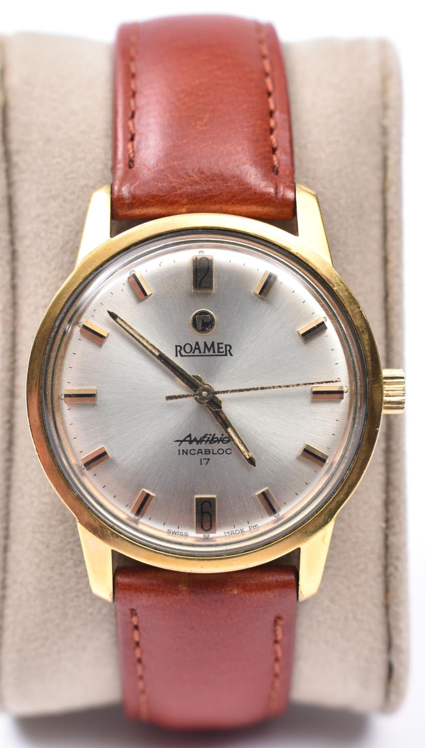 A Roamer Anfibio Incabloc 17 watch with manual winding mechanism. Stainless steel case, metallic