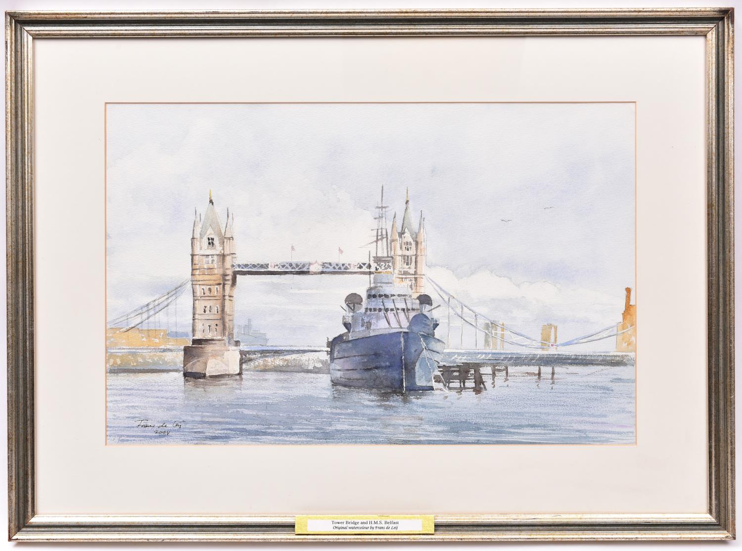 A watercolour painting of Tower Bridge and HMS Belfast by Frans de Leij. Signed and dated 2004 to