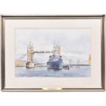 A watercolour painting of Tower Bridge and HMS Belfast by Frans de Leij. Signed and dated 2004 to