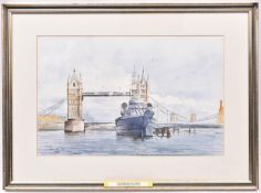 A watercolour painting of Tower Bridge and HMS Belfast by Frans de Leij. Signed and dated 2004 to