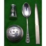4x silver items. A paperweight hallmarked Birmingham 2000, 'LJM' for L.J. Millington. A paperknife
