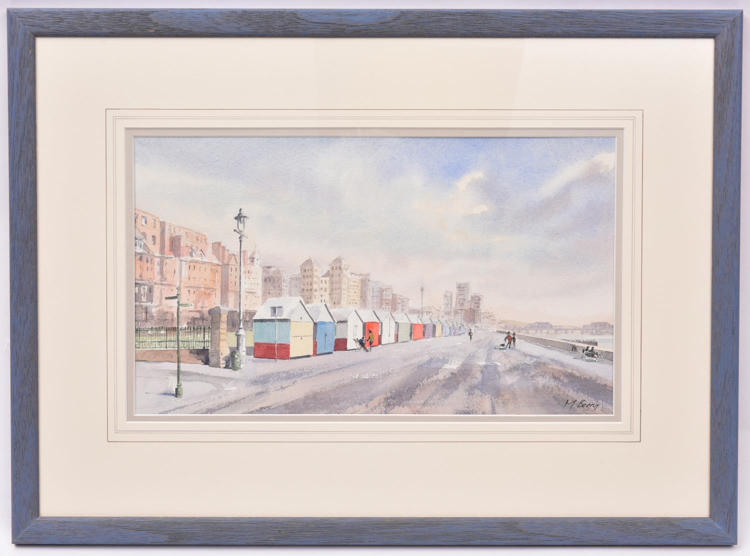 A watercolour painting of Brighton & Hove seafront by Michael Berry. Titled 'Hove Beach Huts',