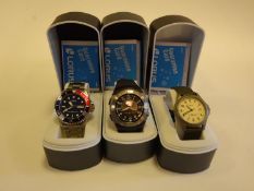 3x Lorus wrist watches. A Titanium Aviator. A Diver's Light. A Diver's Pepsi with stainless steel