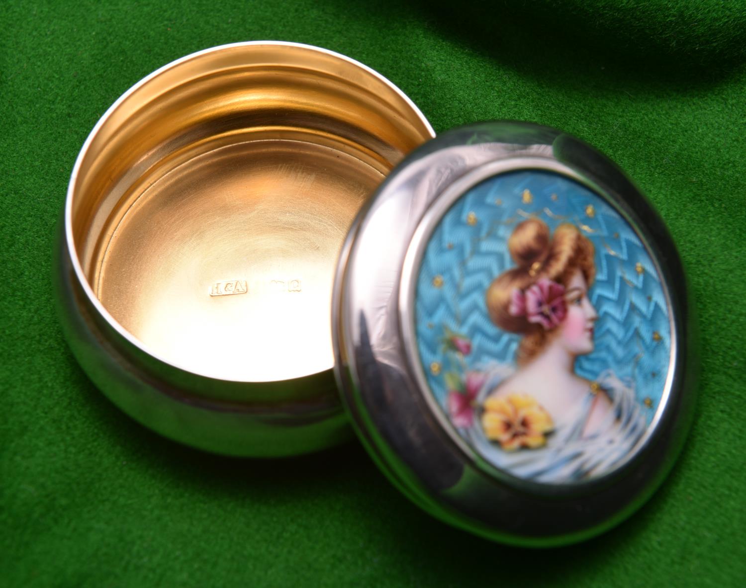 A silver round pot with removable lid and gilt washed interior. Engine turned enamel lid with a - Image 2 of 2