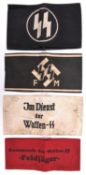 Third Reich Kommando Der Waffen SS armband, and 3 other printed SS armbands. GC £70-80