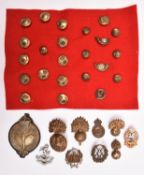 9 cap badges: 7th and 20th Bns the London Regt; 8th Bn Essex Regt (brooched); bronze WAAC with