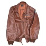 A modern copy of a US Army Air Force type A2 mid brown leather flying jacket, with printed U.S.A.A.F