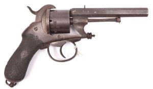 A Belgian 6 shot 9mm Chamelot & Delvigne double action pinfire revolver, c 1865, number 6907,