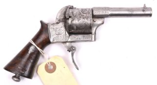 A French 6 shot 7mm self cocking pinfire revolver, c 1860, round barrel 70mm, stamped on the lower