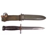 A WWII US M4 bayonet for the M1/M1A1 carbine, by Utica, in its US M8A1 sheath by Victory Plastics.