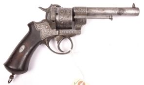 A French 6 shot 12mm Lefaucheux Model 1856 double action pinfire revolver, number 11505 next to “LF”