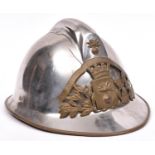 A good French Fireman’s plated Adrian style helmet, brass bound skull with “SAPEURS POMPIERS