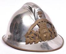 A good French Fireman’s plated Adrian style helmet, brass bound skull with “SAPEURS POMPIERS