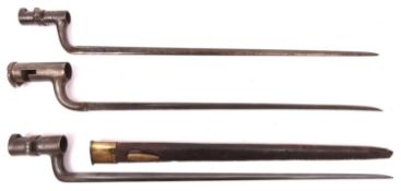 A Brown Bess socket bayonet, 17" blade, 2 Continental socket bayonets and a brass mounted sheath for