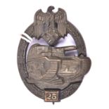 A good Third Reich Tank Assault badge, 25 Days of Action tablet, bronzed finish. VGC £100-150