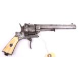 A Belgian (?) 6 shot 7mm Lefaucheux double action closed frame pinfire revolver, number 15166, c