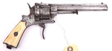 A Belgian (?) 6 shot 7mm Lefaucheux double action closed frame pinfire revolver, number 15166, c