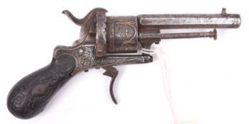 A Belgian 6 shot 7mm Lefaucheux double action pinfire revolver,c 1865, octagonal barrel 83mm,